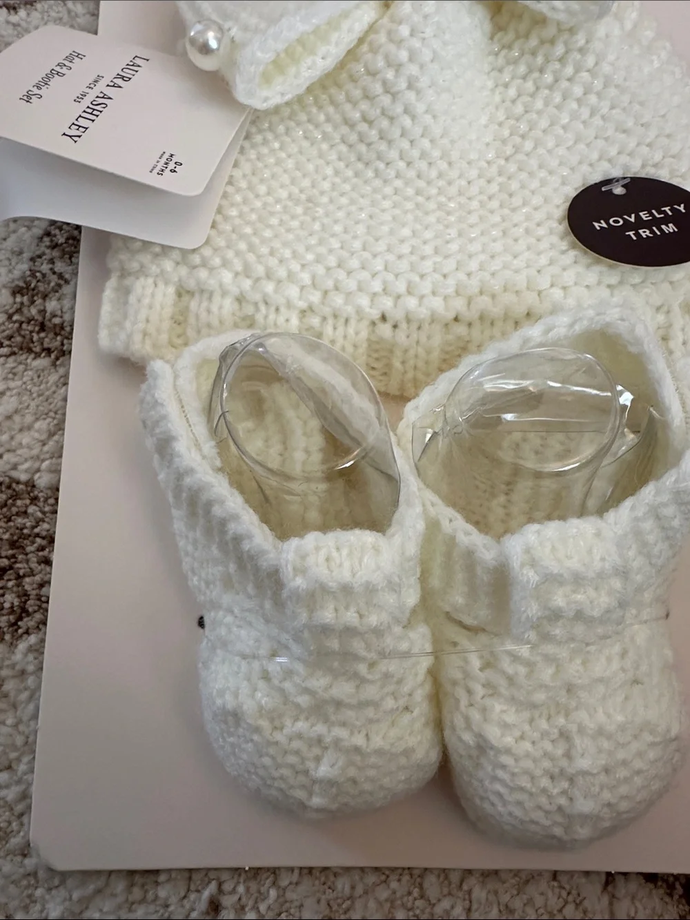 Laura Ashley Cream Knit Hat & Booties Set with Pearl Bow